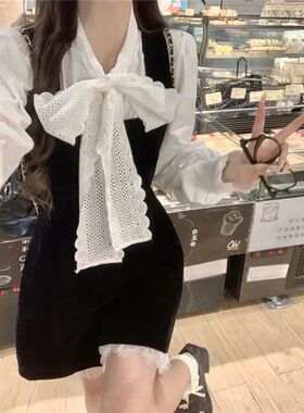 春秋法式辣妹白色温柔花边洋气泡泡袖长袖甜美蕾丝蝴蝶结衬衫上衣