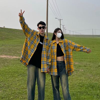美式复古格子衬衫男女春夏款新款宽松高级感休闲情侣长袖衬衣上衣