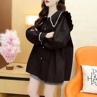 韩版 2025新款 女装 潮 荷叶边格子长袖 衬衣宽松显瘦衬衫 甜美法式 大码