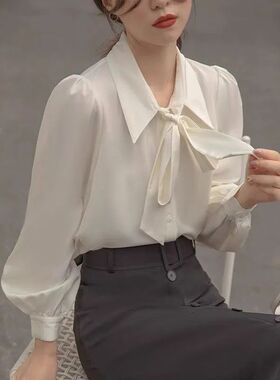 灯笼袖气质韩范蝴蝶结衬衫白色雪纺衬衣女长袖系带设计感甜美上衣