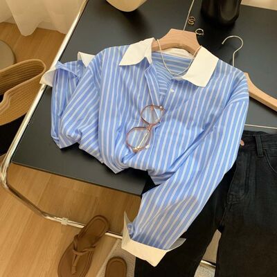 2023年早春新款气质小众设计感蓝白拼色条纹百搭衬衫长袖上衣女潮