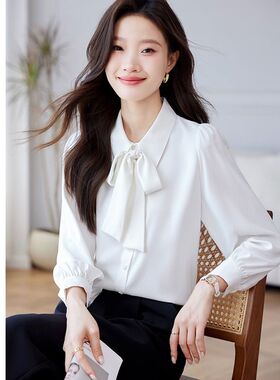 秋季新款蝴蝶结职业系带长袖衬衫白色衬衣气质时尚宽松显瘦上衣