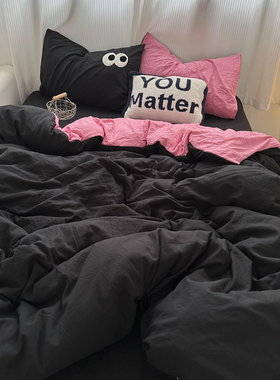 禁欲黑色四件套床上用品纯棉被套床单暗黑风水洗棉学生宿舍三件套