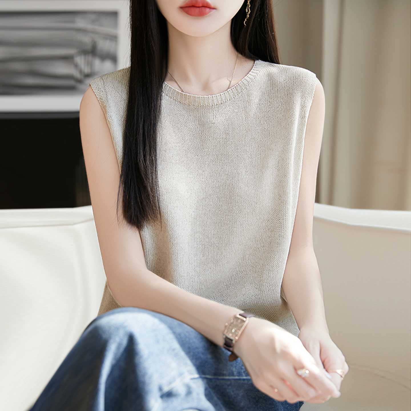 凉感亚麻无袖上衣吊带背心女2025新款爆款夏黑色宽松上衣夏季外穿