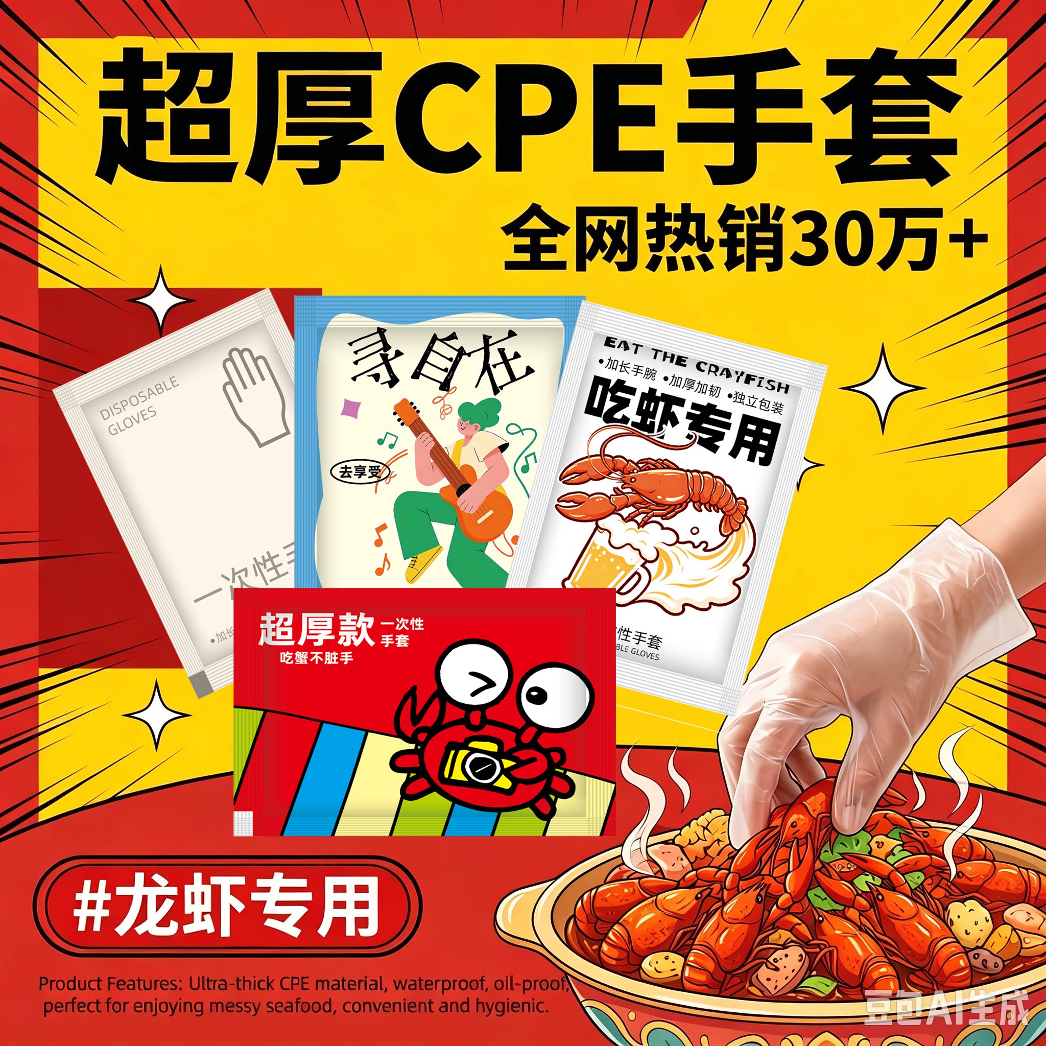 一次性手套独立包装加厚cpe小龙虾食品级螃蟹剥虾商用定制外卖