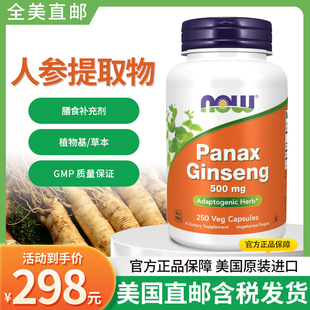 现货美国Now Foods 人参胶囊 Panax Ginseng 500毫克250粒