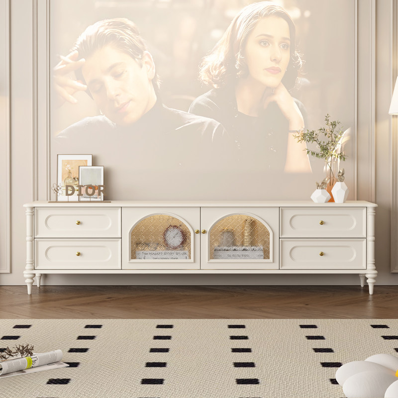 法式实木电视柜客厅家用奶油中古风电视机柜茶几组合美式复古白色