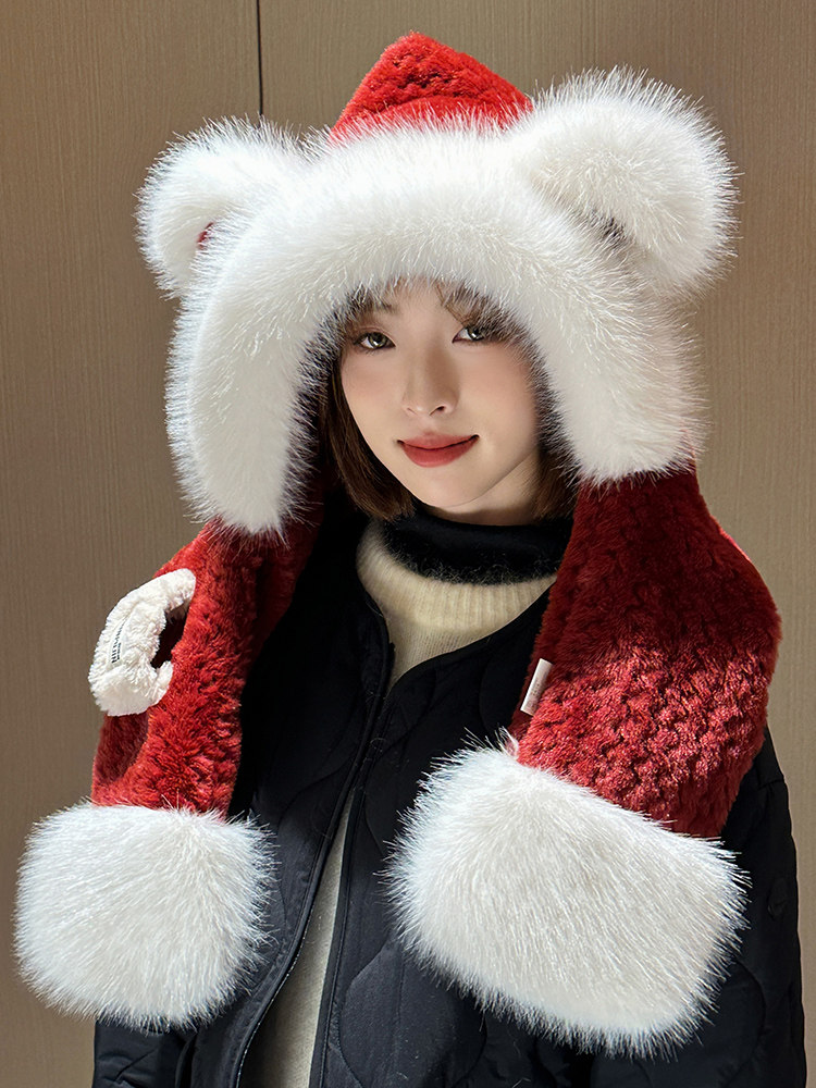 앙고라 레드 귀여운 곰 모자 여성 2024 새로운 가을 겨울 스카프 원피스 투피스 사이클링 따뜻한 모자