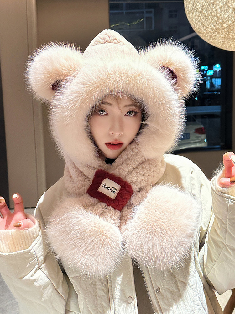 앙고라 레드 귀여운 곰 모자 여성 2024 새로운 가을 겨울 스카프 원피스 투피스 사이클링 따뜻한 모자
