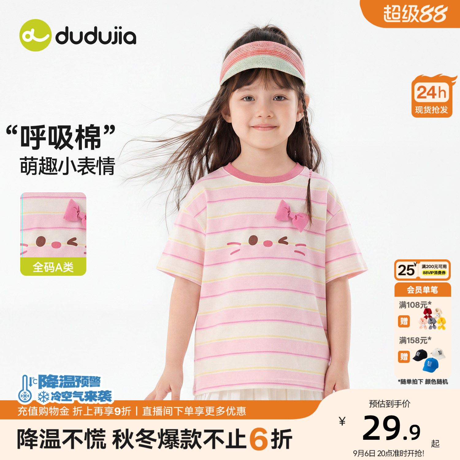 嘟嘟家女童短袖T恤夏季儿童上衣宝宝夏装短t男童薄款卡通条纹童装