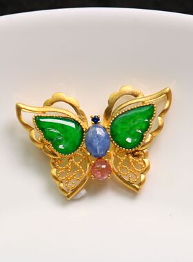 #1320银鎏金搭配蓝宝石碧玺镶嵌天然A货翡翠蝴蝶胸针吊坠二用款