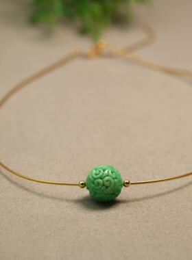 #H227 S925银项圈镶嵌阳绿天然A货翡翠团寿雕花珠子锁骨链吊坠