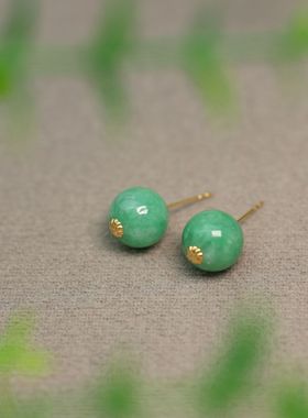 #K553 18K金镶嵌满绿缅甸天然A货翡翠珠子耳钉圆珠耳饰