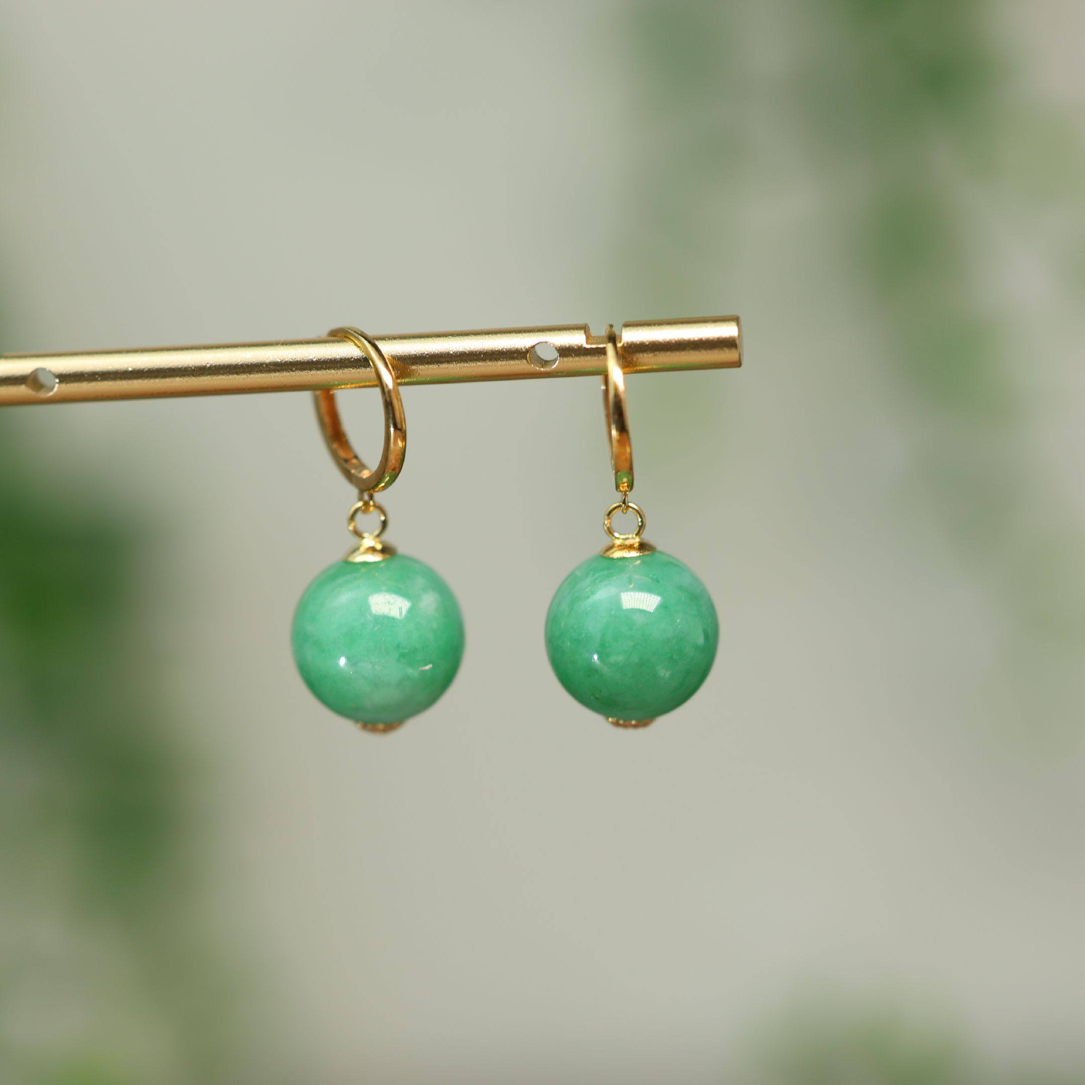 #K475 18K金耳圈镶嵌满色阳绿缅甸天然A货翡翠珠子耳坠圆珠耳饰