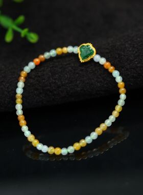 #J691 18K金镶嵌辣绿缅甸天然A货翡翠如意小香盒小米珠子手链手串