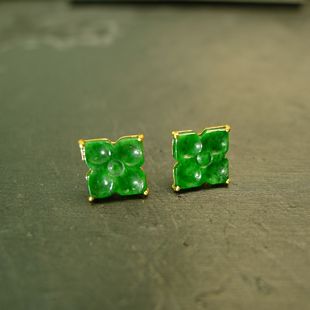 18K金镶嵌满色辣绿缅甸天然A货翡翠四叶草耳钉耳饰 J572