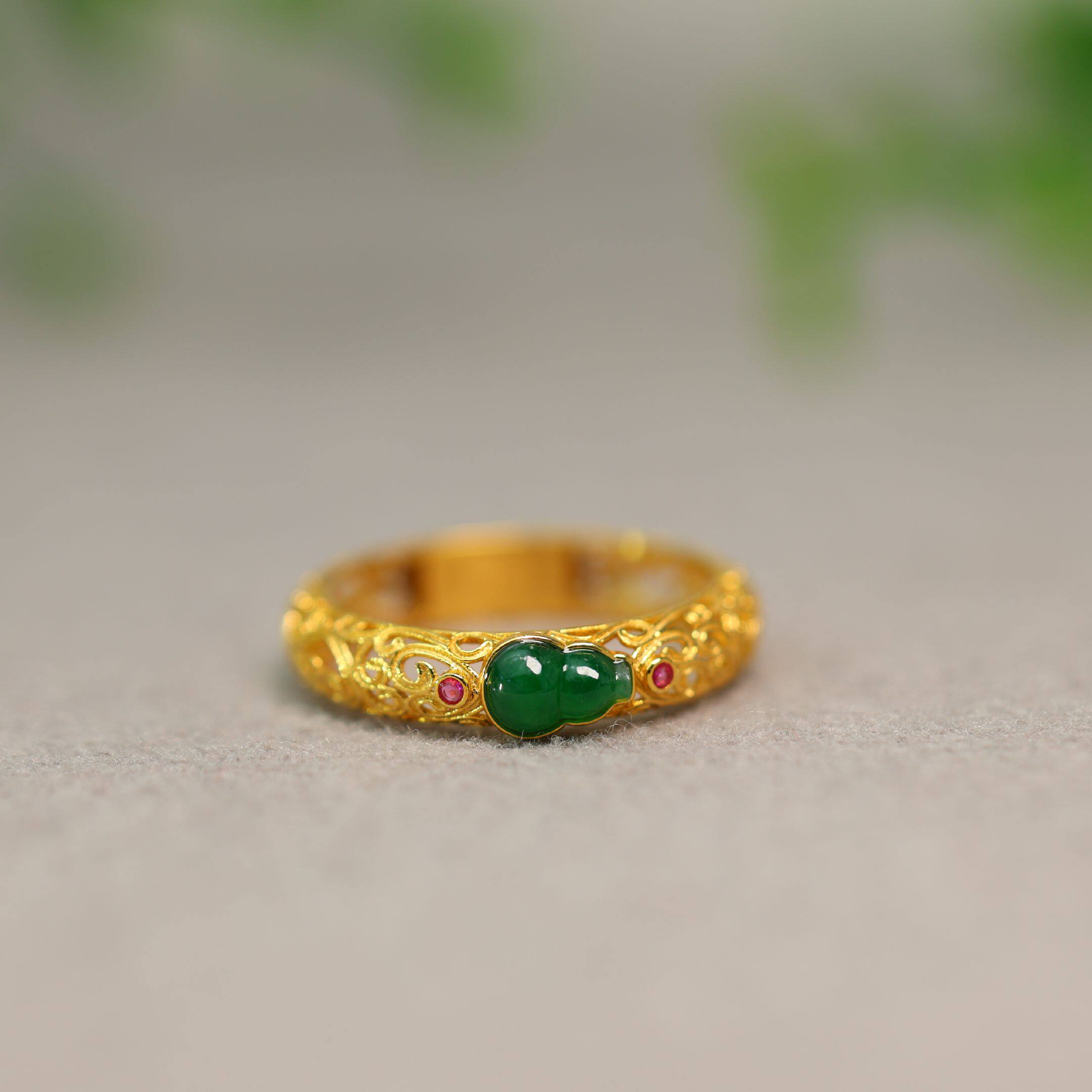 #I566 18K金花丝工艺镶嵌冰种满绿缅甸天然A货葫芦戒指女戒指环