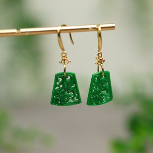 满色辣绿缅甸天然A货翡翠镂空雕花梯形耳坠S925银镶嵌耳钩 J809