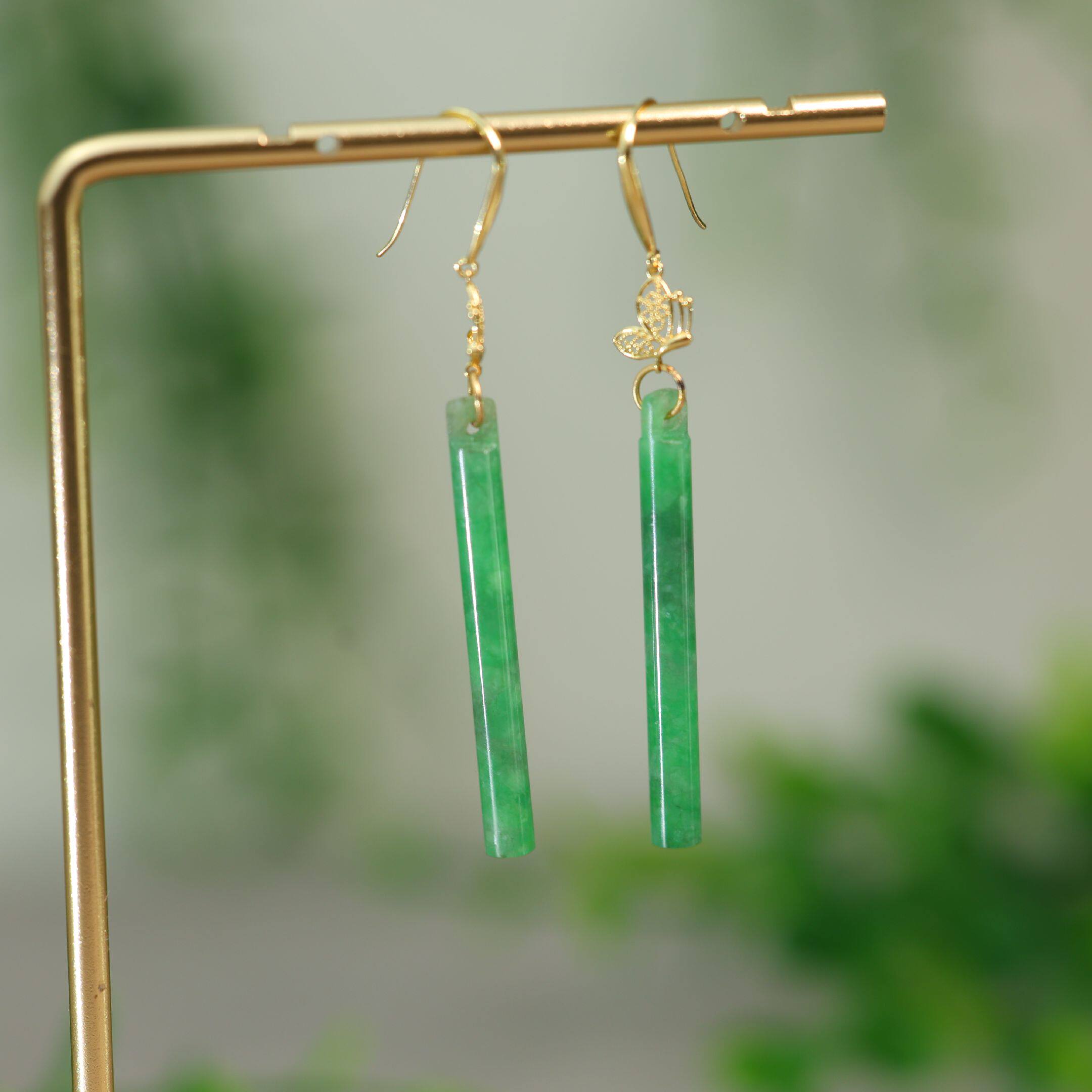 #J978 18K金冰种满绿缅甸天然A货翡翠翎管耳坠耳环古风耳饰