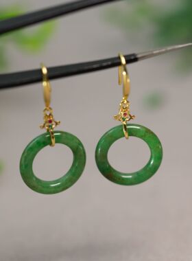 #F433一对S925银耳钩镶嵌冰种满绿天然A货翡翠小环耳环耳坠