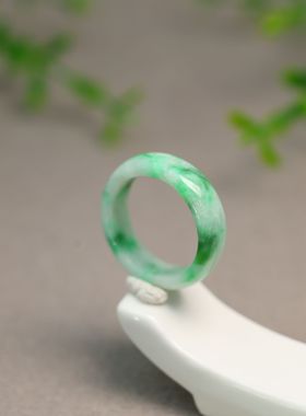 #K638白底飘辣绿缅甸天然A货翡翠戒指19号圈口指环