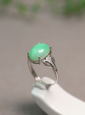 #G565冰糯种阳绿天然A货翡翠蛋面戒指活口女戒  S925银镶嵌