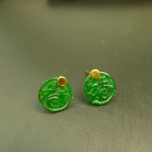 18K金冰种满色辣绿缅甸天然A货翡翠镂空圆形福字耳钉耳饰 J472