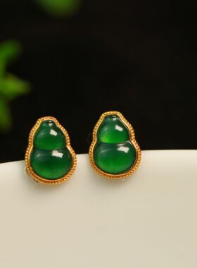 #D380一对18K金镶嵌老坑冰种满绿天然A货翡翠葫芦耳钉