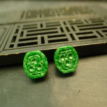 #J498一对满色辣绿缅甸天然A货翡翠雕花扁鼓珠小桶珠 通天孔