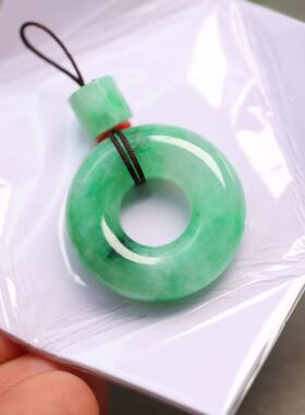 #H970冰种阳绿天然A货翡翠平安扣小环吊坠甜甜圈挂坠