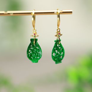S925银金镶嵌冰种辣绿天然A货翡翠复古镂空雕花花瓶形耳坠 D272