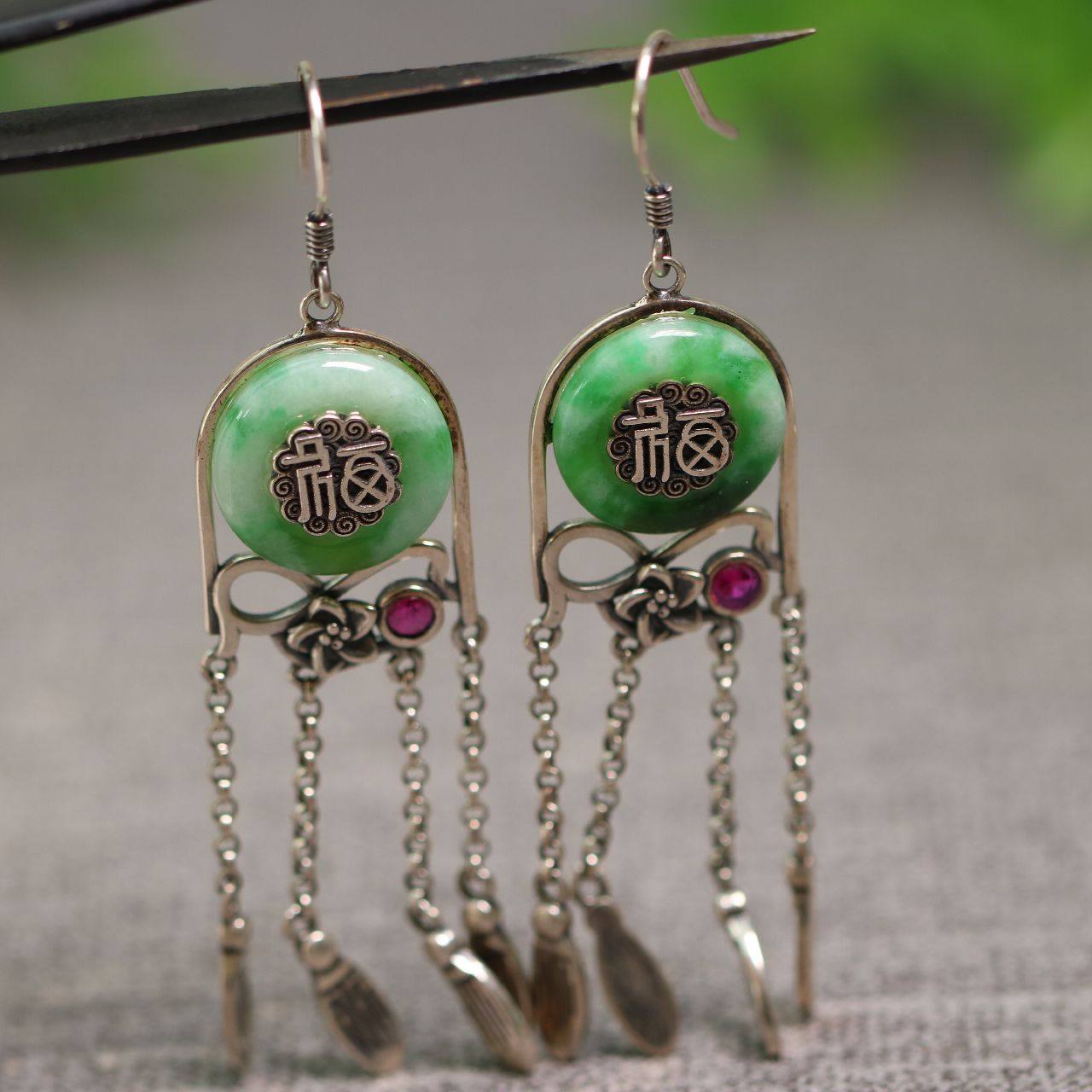 #0604一对S925银镶嵌飘绿天然A货翡翠复古流苏福字小环耳坠,珠宝/钻石/翡翠,耳饰,淘宝优惠券,粉丝福利购,淘宝优惠卷