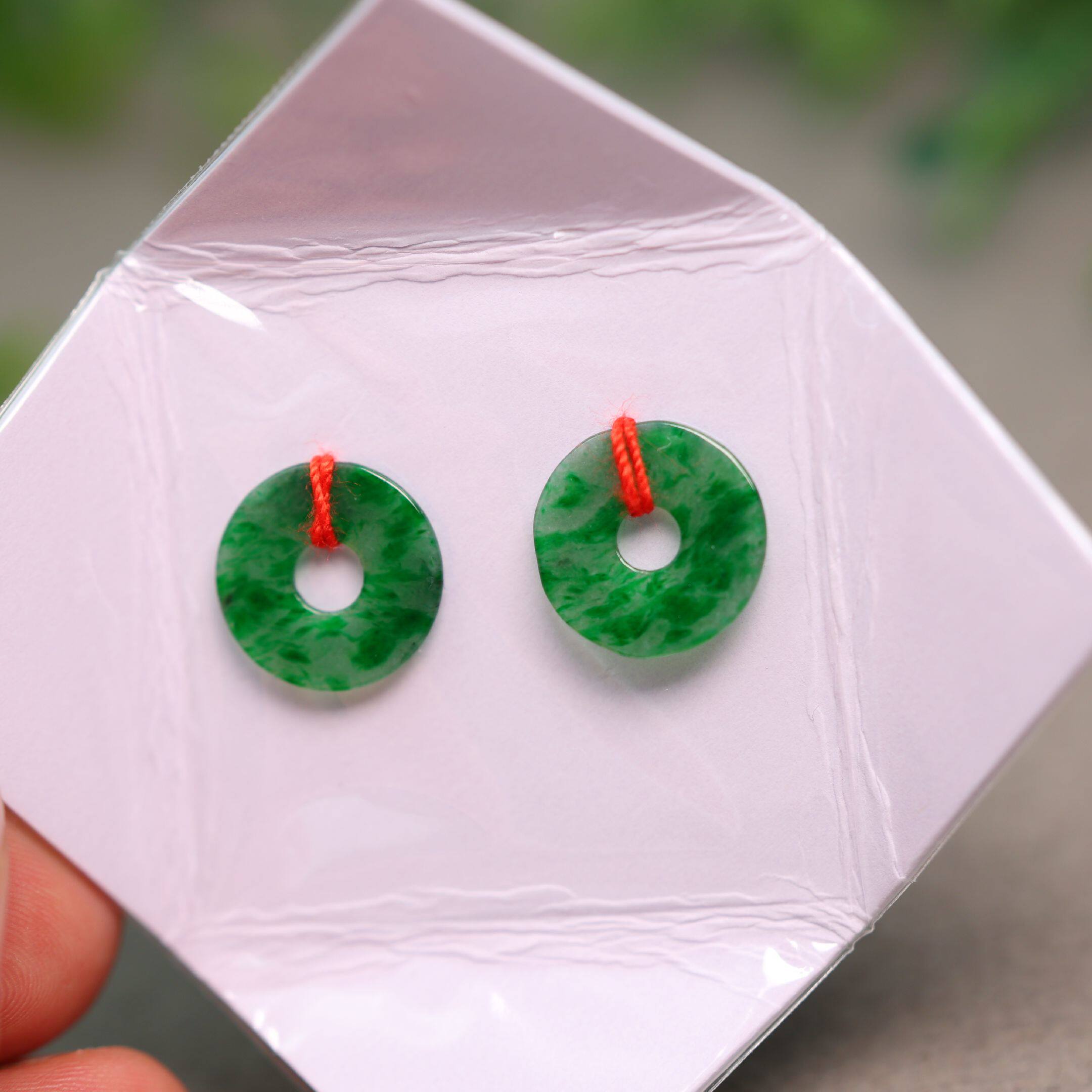 #H656一对老坑冰种辣绿天然A货翡翠平安扣小环裸石