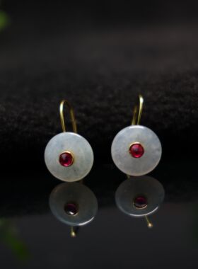 #H819 S925银搭配红宝镶嵌白冰天然A货翡翠平安扣耳环耳坠