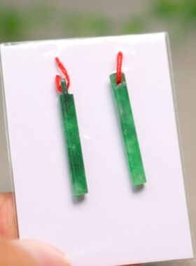 #L161一对老坑冰种辣绿缅甸天然A货翡翠翎管 镶嵌耳钉裸石