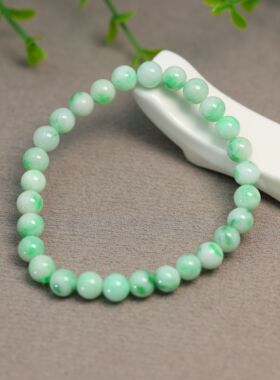 #J492一串白底飘阳绿天然A货翡翠素面圆形珠子手串手链