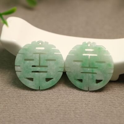 天然A货翡翠圆形喜字耳坠花片