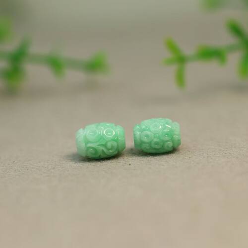 #N487 一对飘阳绿缅甸天然A货翡翠雕花桶珠腰鼓珠