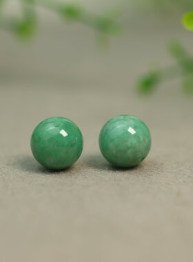 #L593 一对满绿缅甸A货翡翠珠子12MM素面圆珠散珠