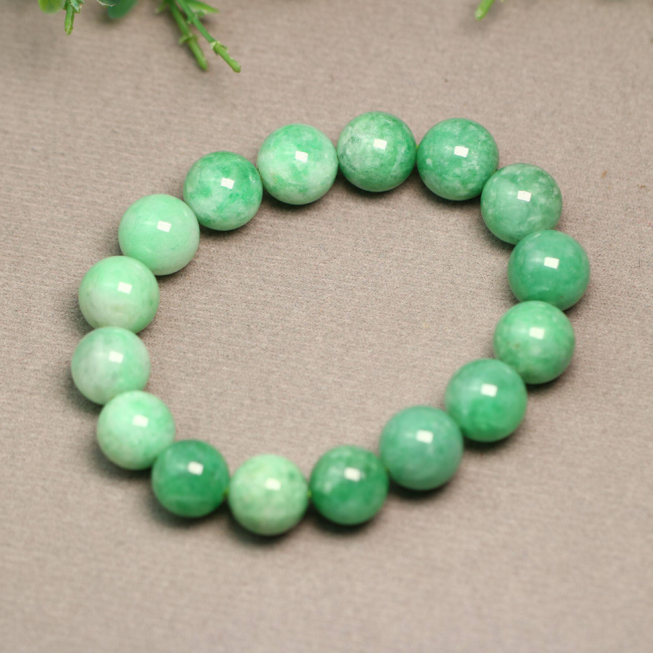 b358一串满绿天然a货翡翠素面圆珠子手串手链