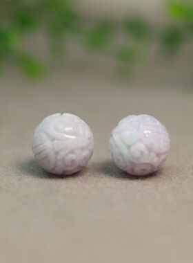 #K896一对紫色缅甸天然A货翡翠团寿雕花珠子 14MM圆珠顶珠佛珠