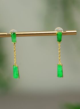 #N015 18K金冰种阳绿缅甸天然A货翡翠梯形柱条耳坠时尚耳饰