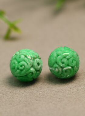 #D001 一对15.4MM阳绿天然A货翡翠团寿龙纹雕花圆珠子 佛珠腰珠