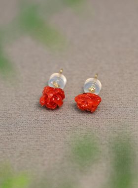 #K194 18K金镶嵌深海红天然有机红宝牡丹花耳钉耳饰