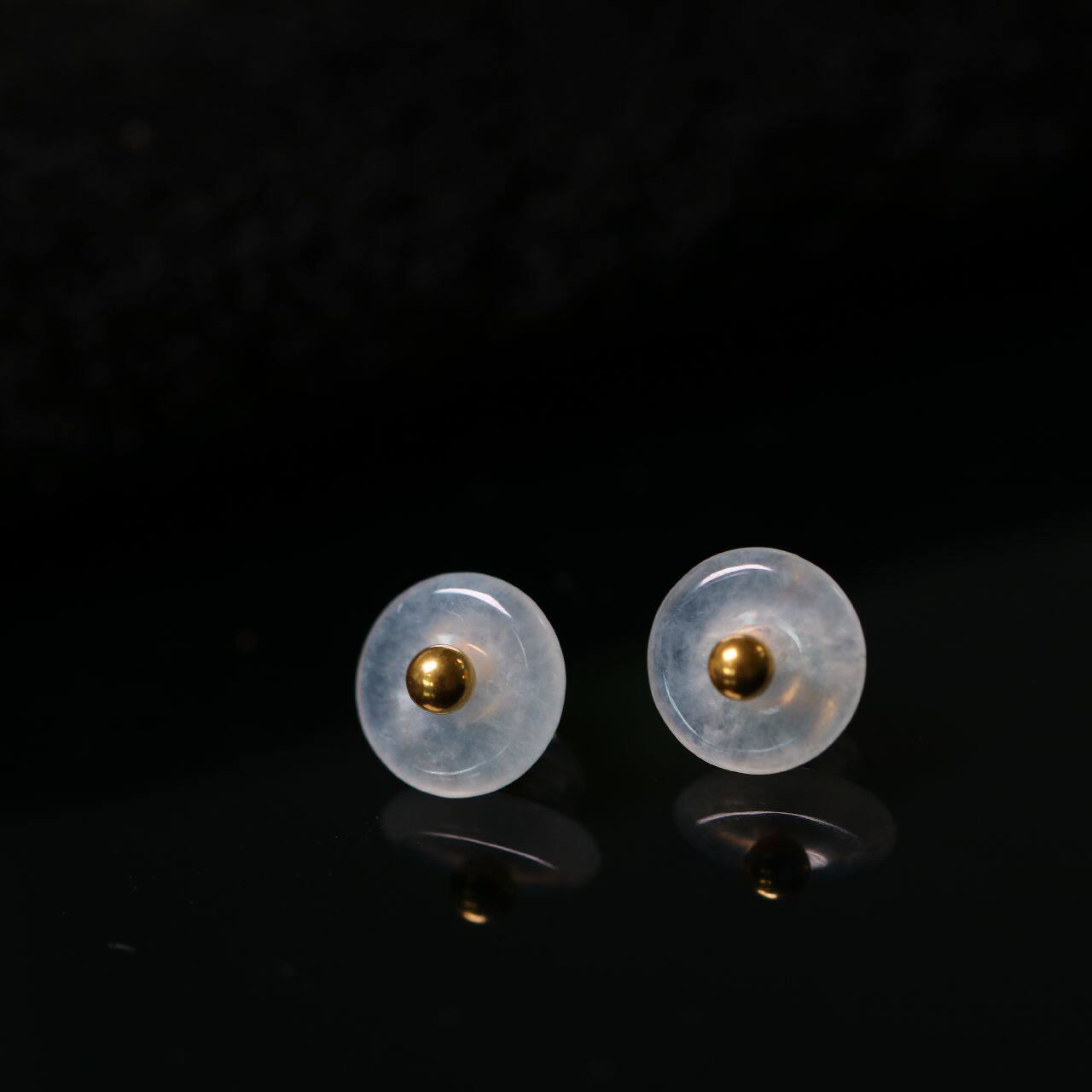 一对18K金镶嵌老坑冰种天然A货老翡翠平安扣耳钉