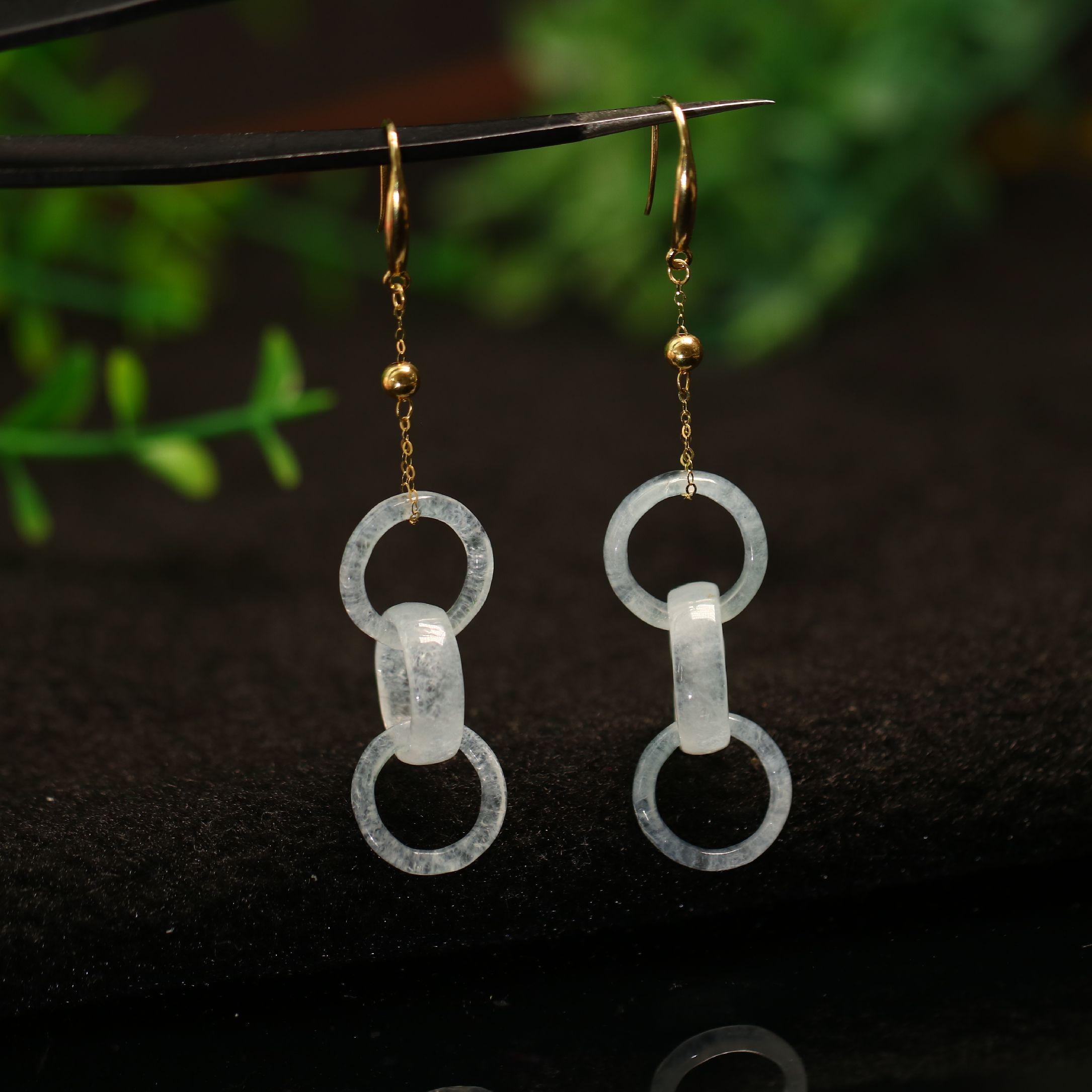 #B526一对18K金镶嵌老坑白色冰种天然A货翡翠三连环耳坠耳饰耳环