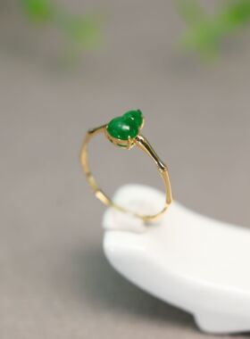 #H924 18K金镶嵌冰种满色辣绿天然A货翡翠葫芦戒指时尚福禄女戒