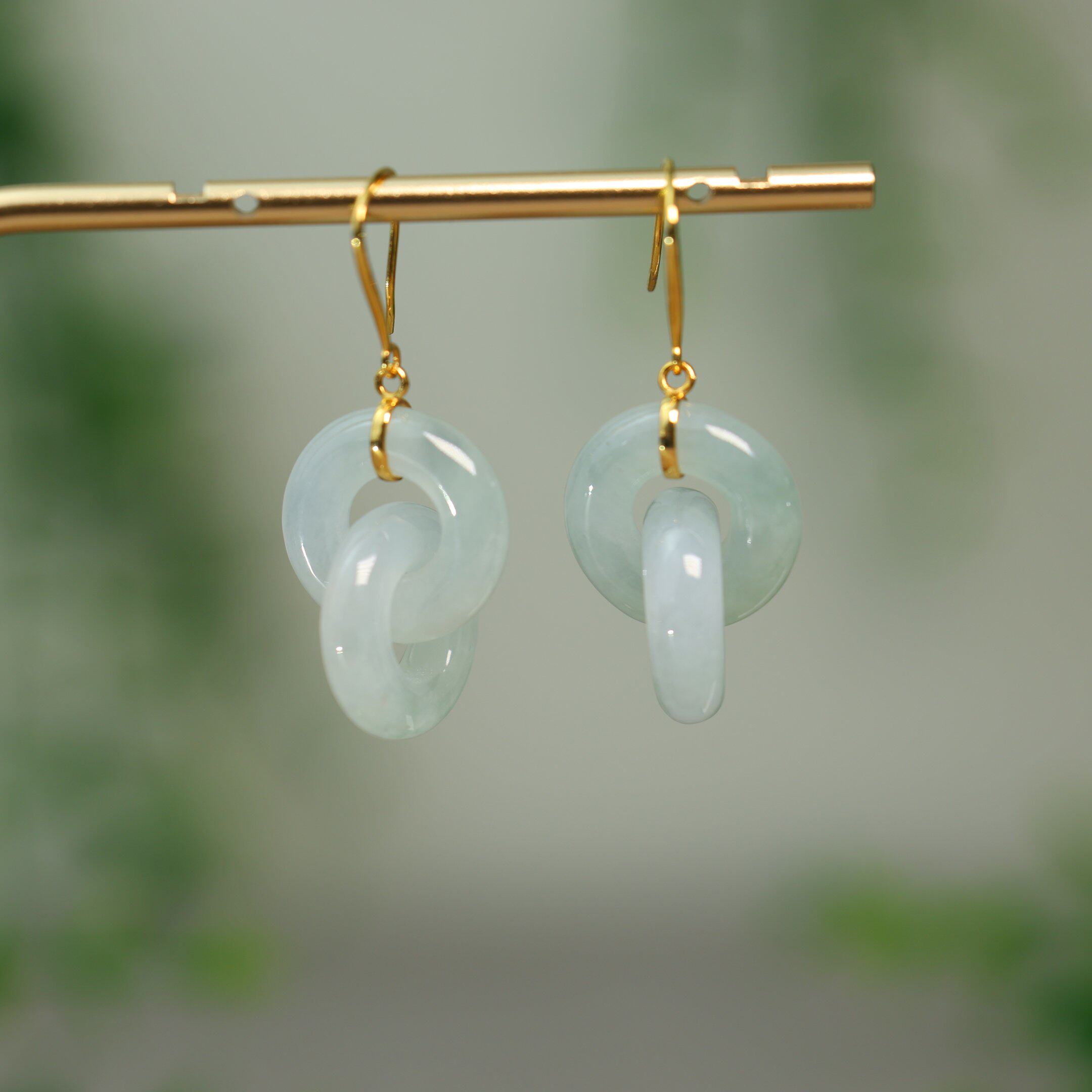 #N003 一对18k金镶冰白缅甸天然A货翡翠两连环耳坠