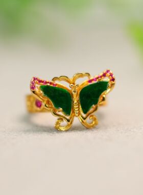 #J168 满绿缅甸天然A货翡翠蝴蝶开口戒指 S925银镀金镶嵌