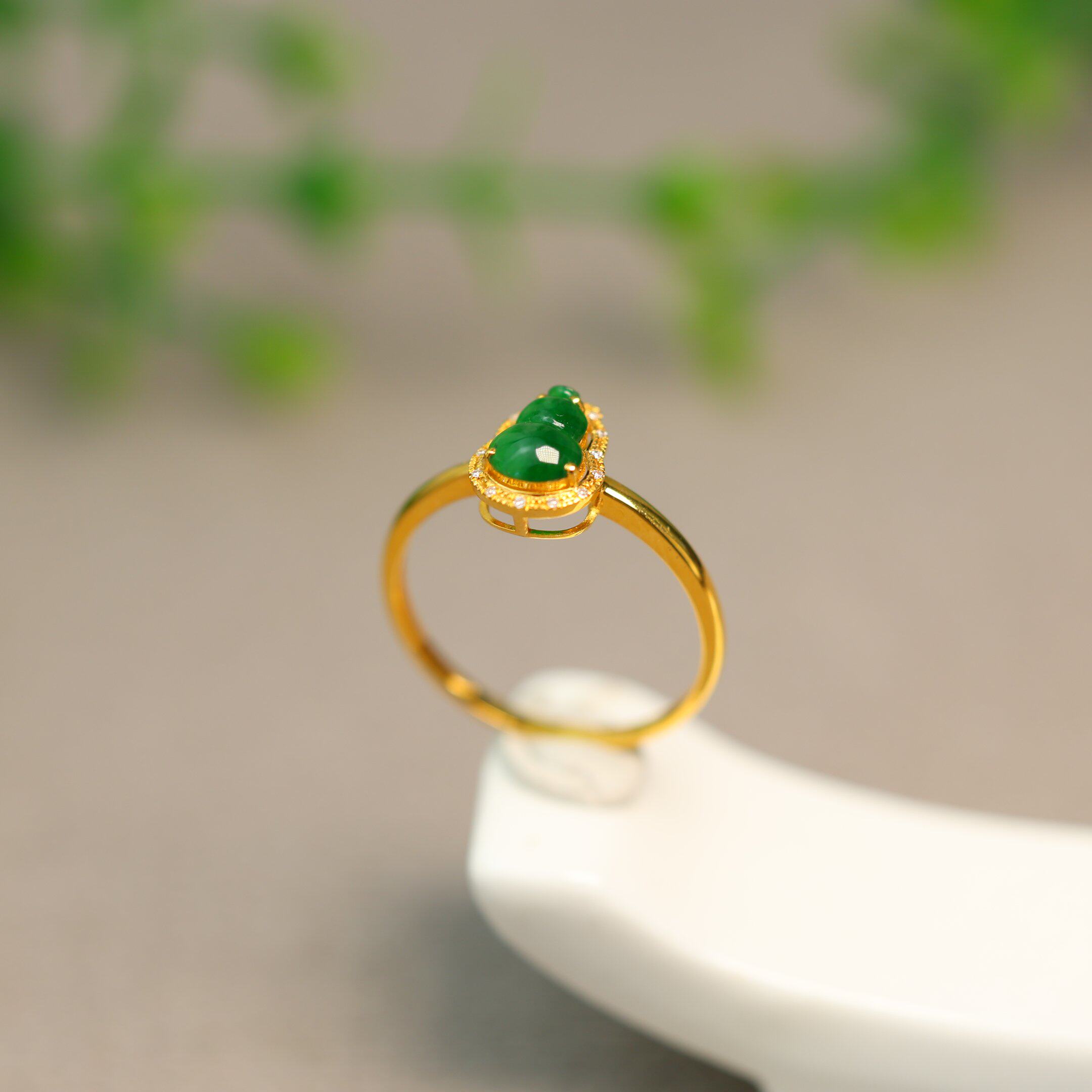 #N949 18K金冰种满绿缅甸天然A货翡翠葫芦戒指福䘵女戒